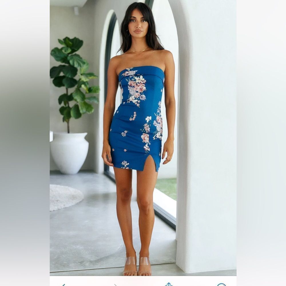 Strapless Blue Floral Bodycon Mini Dress